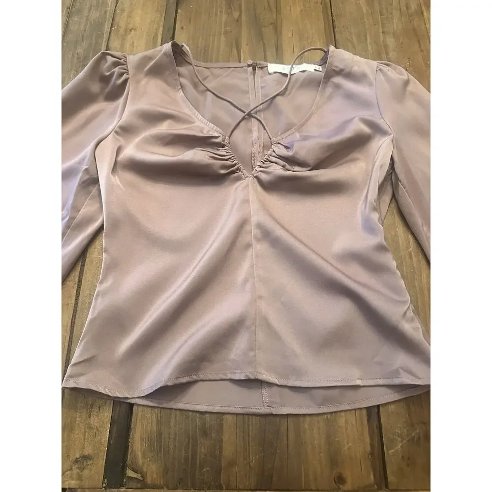 Astr The Label Size XS Champagne Blouse Top Long Puff Sleeve Crop Shirt